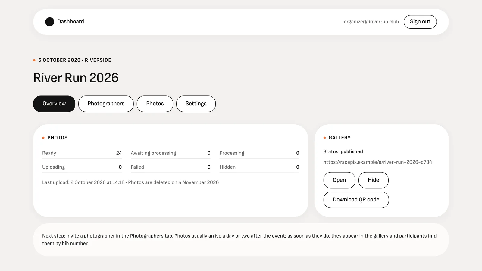 Event overview in the RacePix dashboard