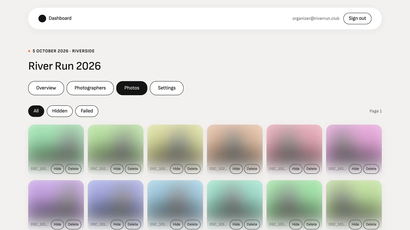 Photos arriving in the dashboard, each with its processing status