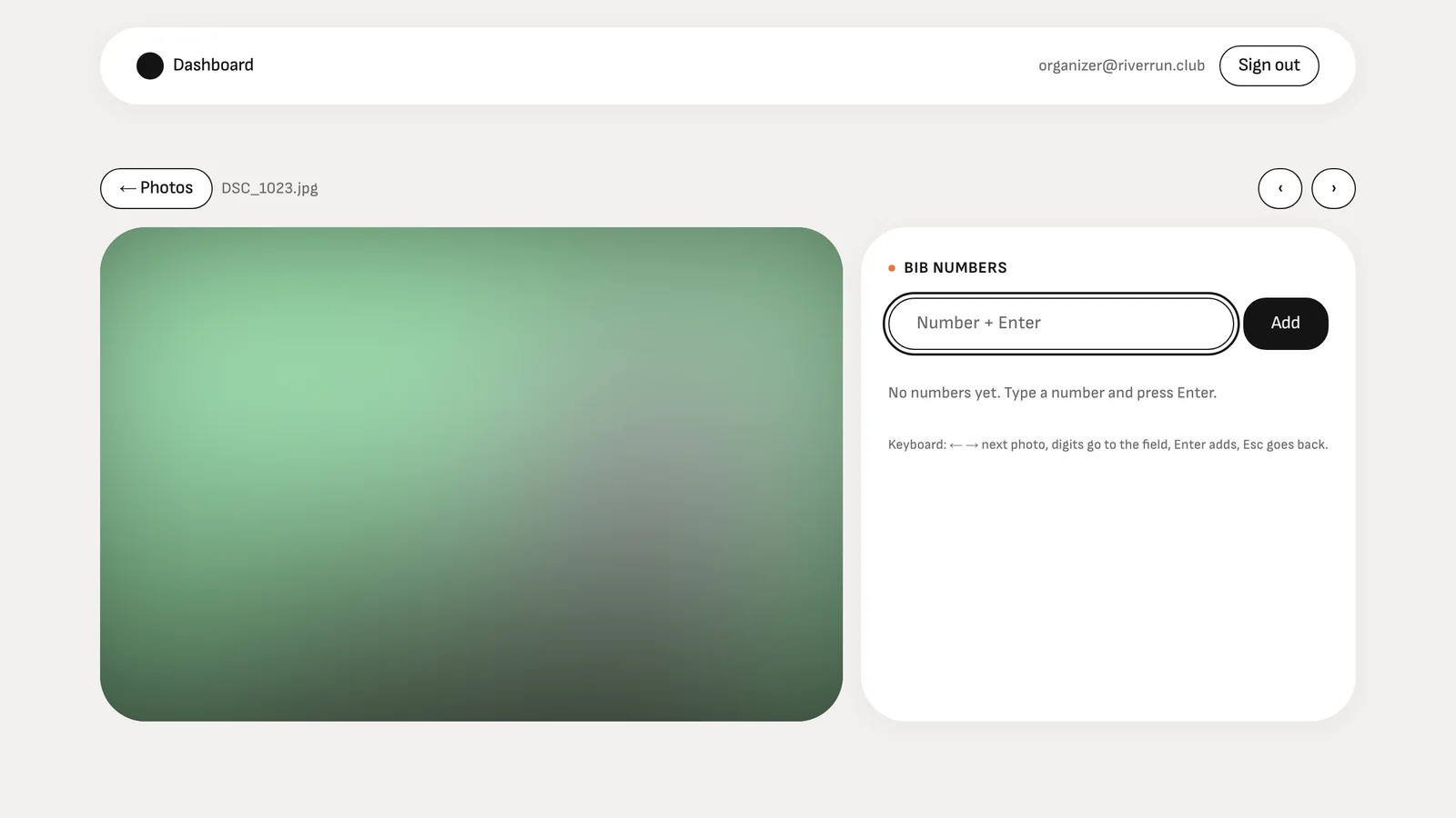 Manual tagging: typing a bib number with the keyboard